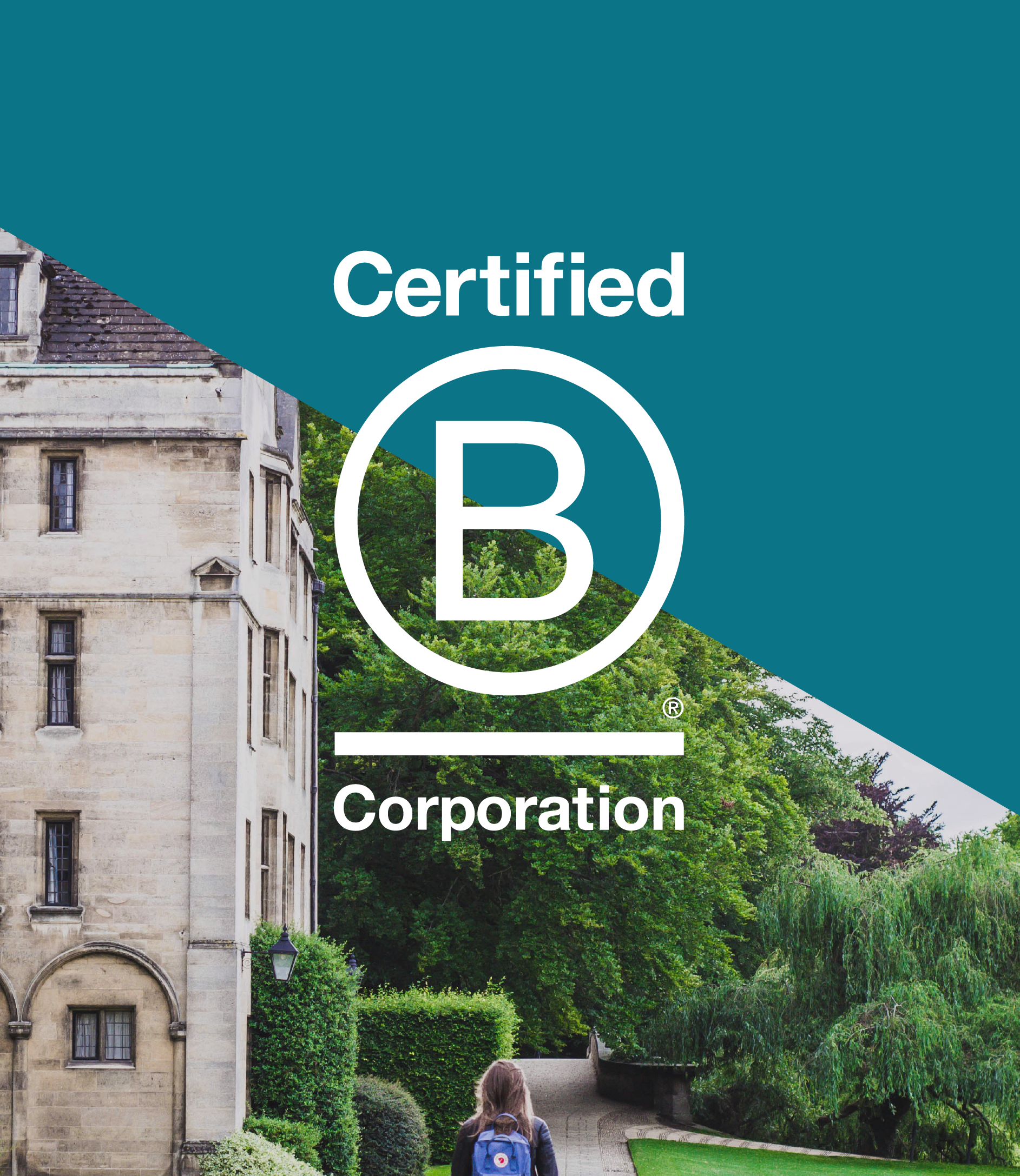 Lady walking at Cambridge University with B Corp logo